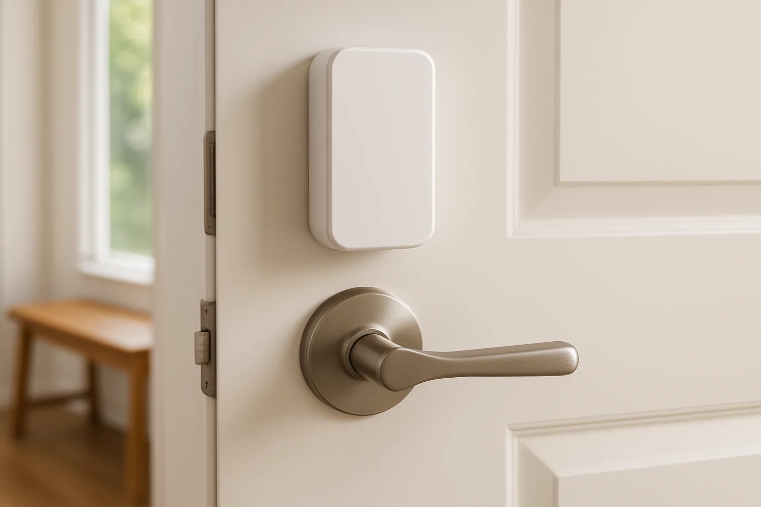 Interior side of a white front door with a slim white retrofit smart lock mounted above a lever handle