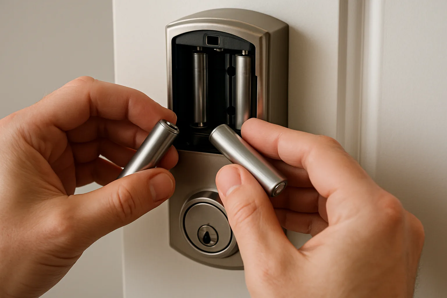 Hands inserting AA batteries into the battery compartment of a satin-nickel smart deadbolt
