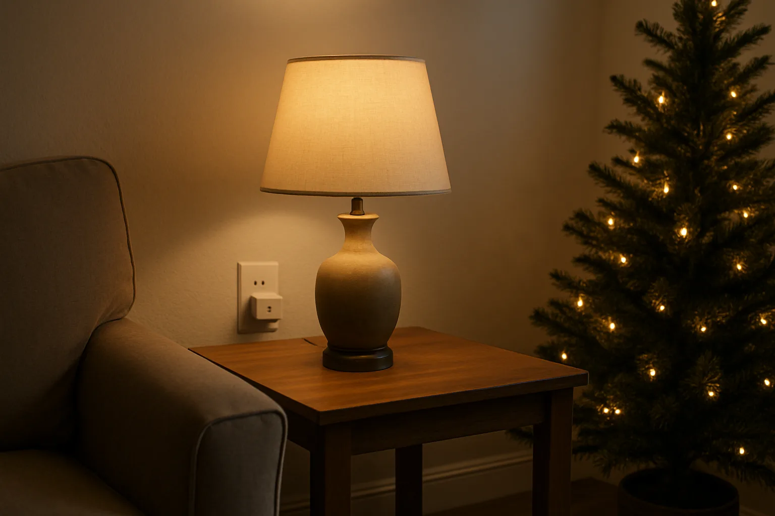 Side table lamp and a small lit Christmas tree beside a wall outlet holding a small white smart plug