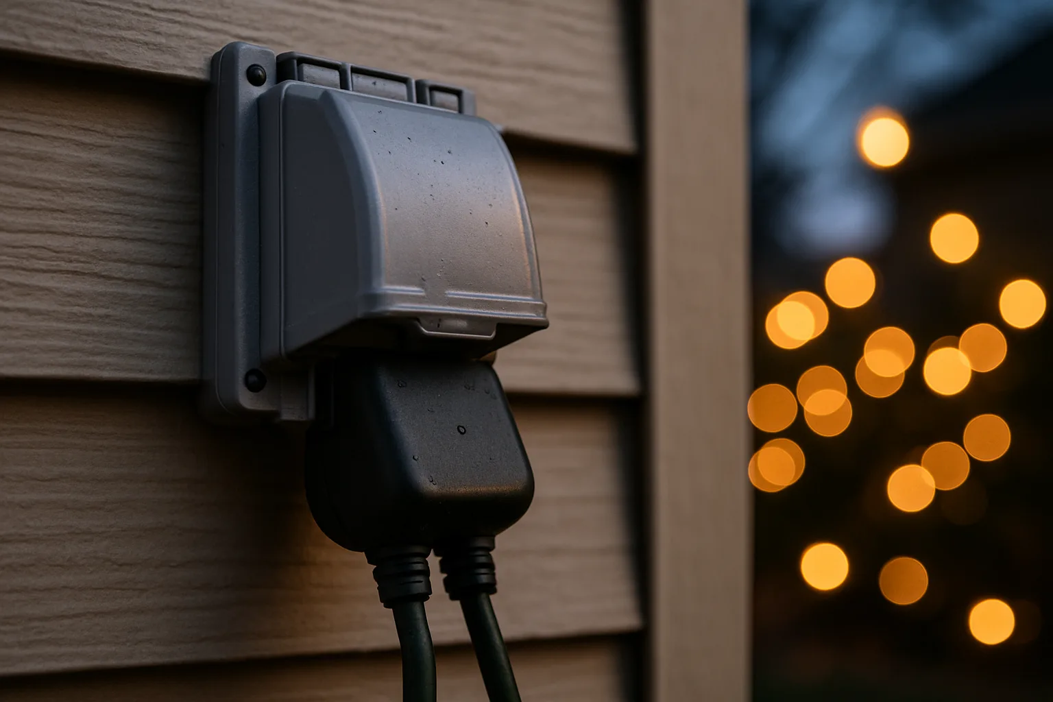 Weather-resistant covered exterior outlet box holding an outdoor smart plug, with extension cords running out the bottom and holiday lights glowing on the house behind it at dusk