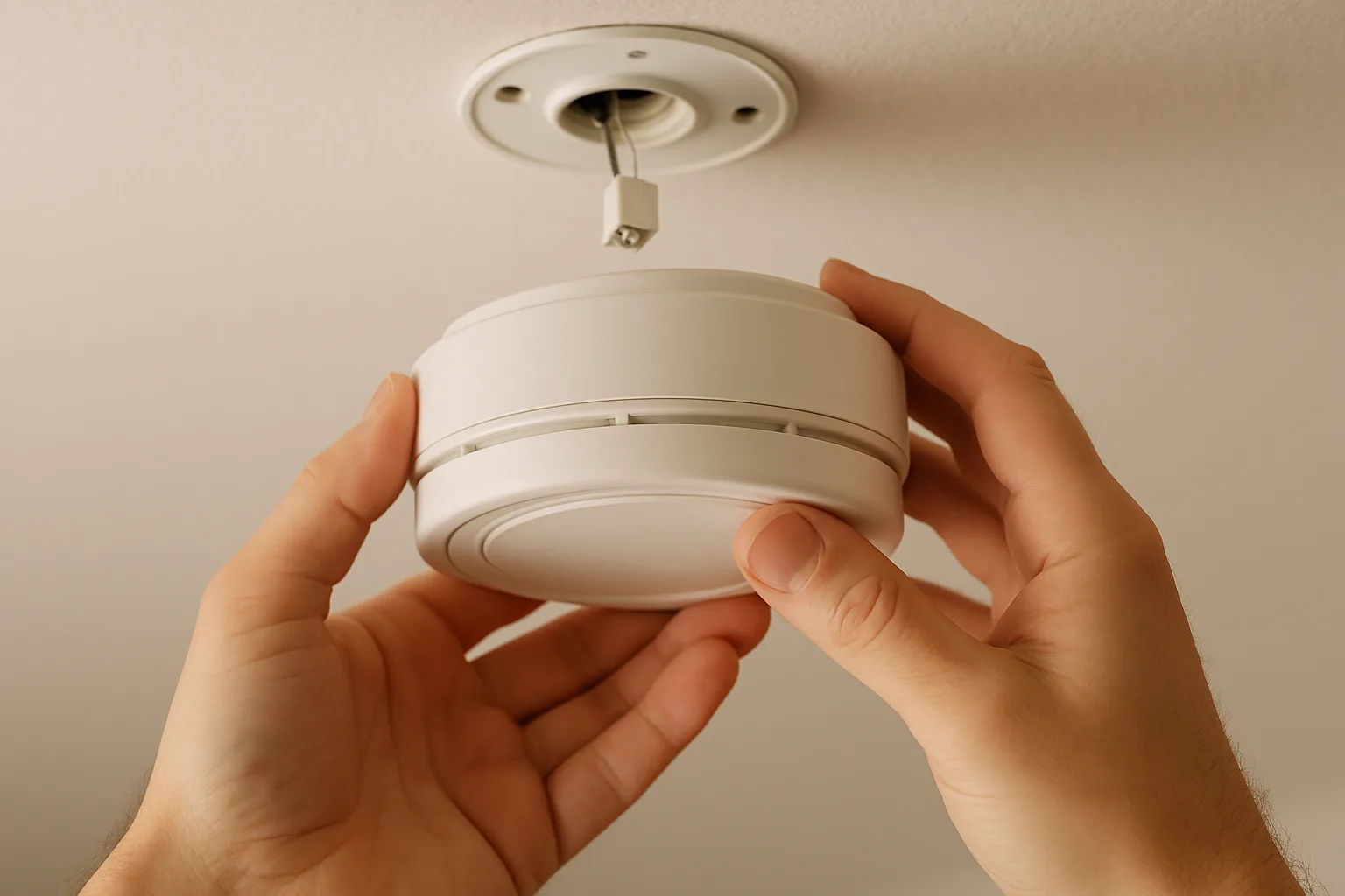 Two hands twisting a round white smoke alarm off its ceiling mounting plate with a wiring connector visible
