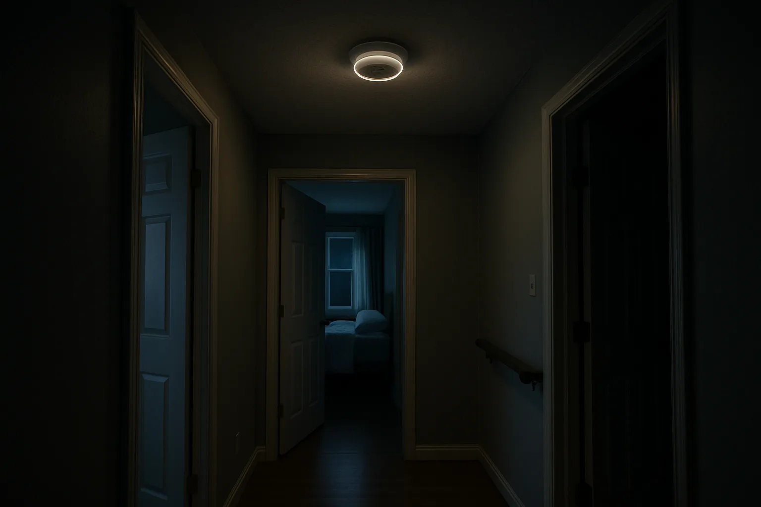Upstairs hallway at night outside an open bedroom door with a small ceiling smoke alarm glowing softly