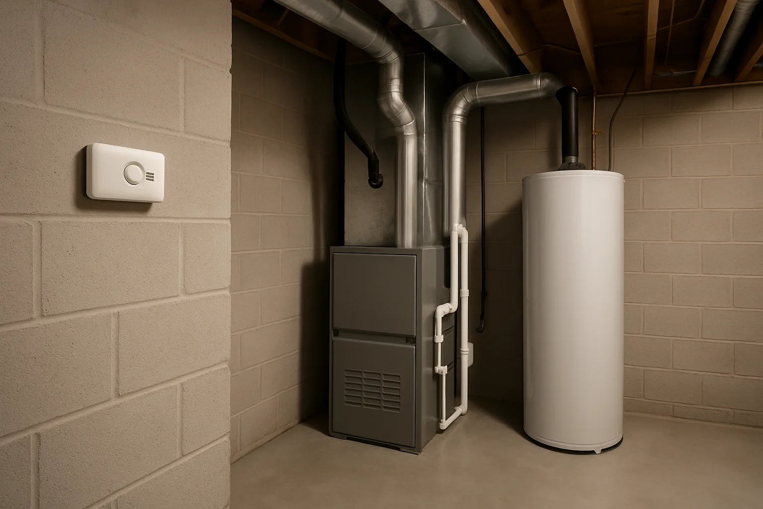 Basement utility area with a furnace and water heater and a white carbon monoxide alarm on the wall