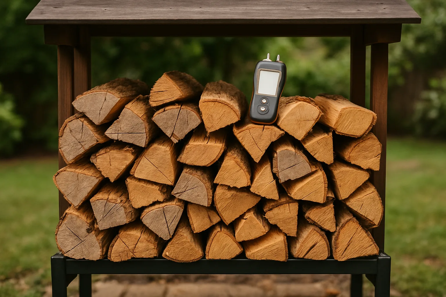 Stacked split seasoned hardwood firewood on a covered rack with a moisture meter resting on top