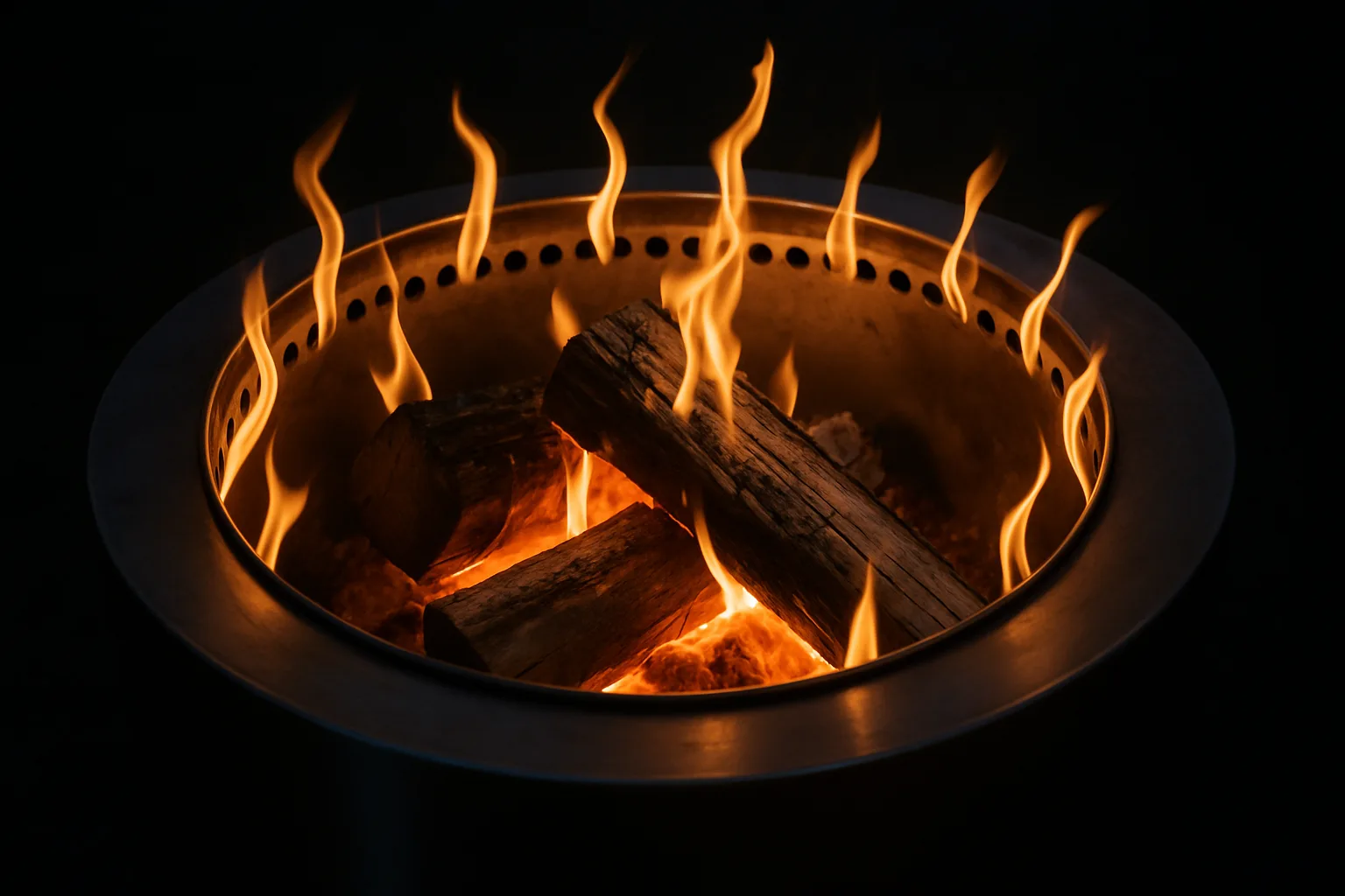 Small secondary flames jetting from vent holes around the inner rim of a double-wall stainless steel fire pit