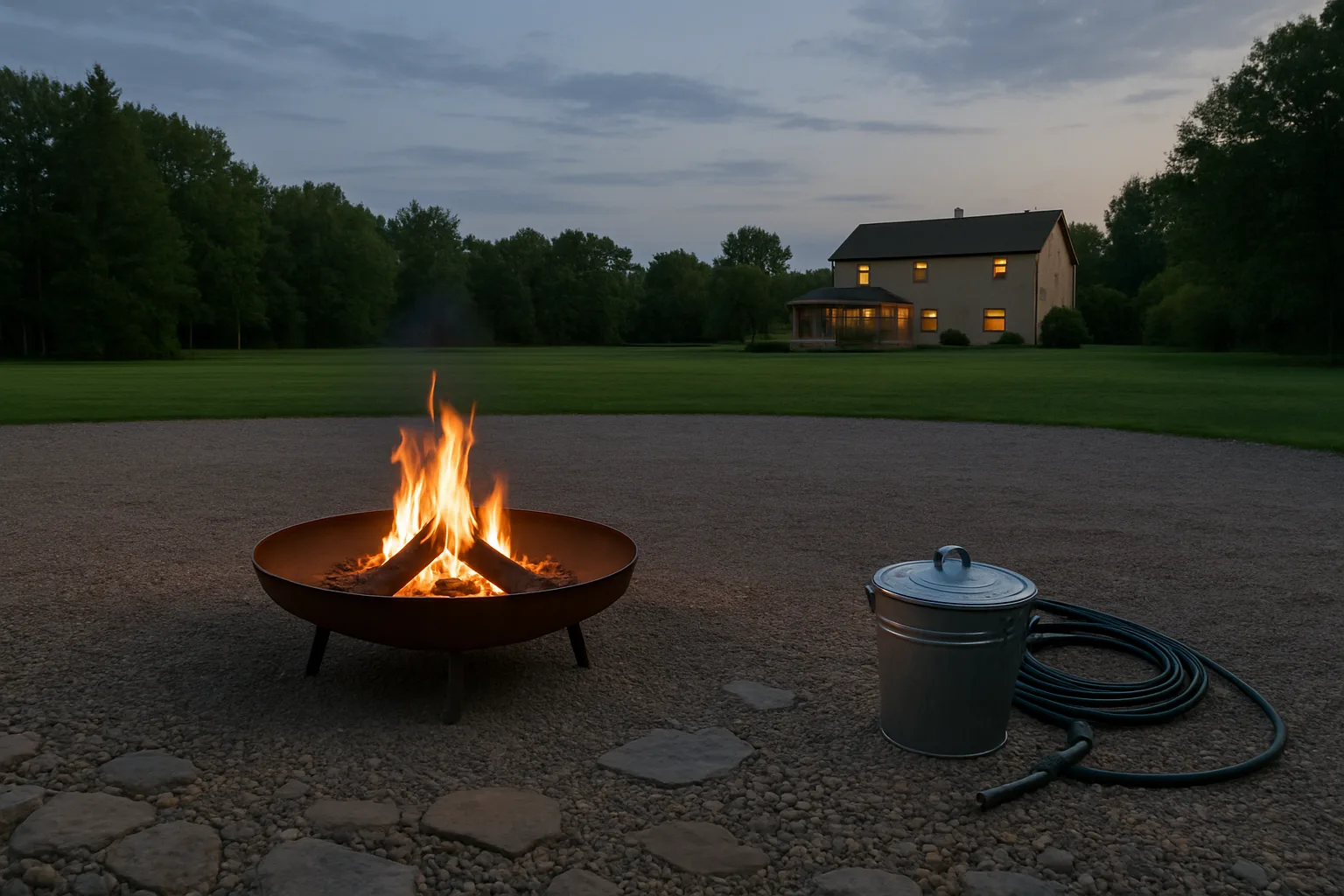 Steel fire pit on a gravel pad set far from the house with a lidded metal ash bucket and garden hose nearby