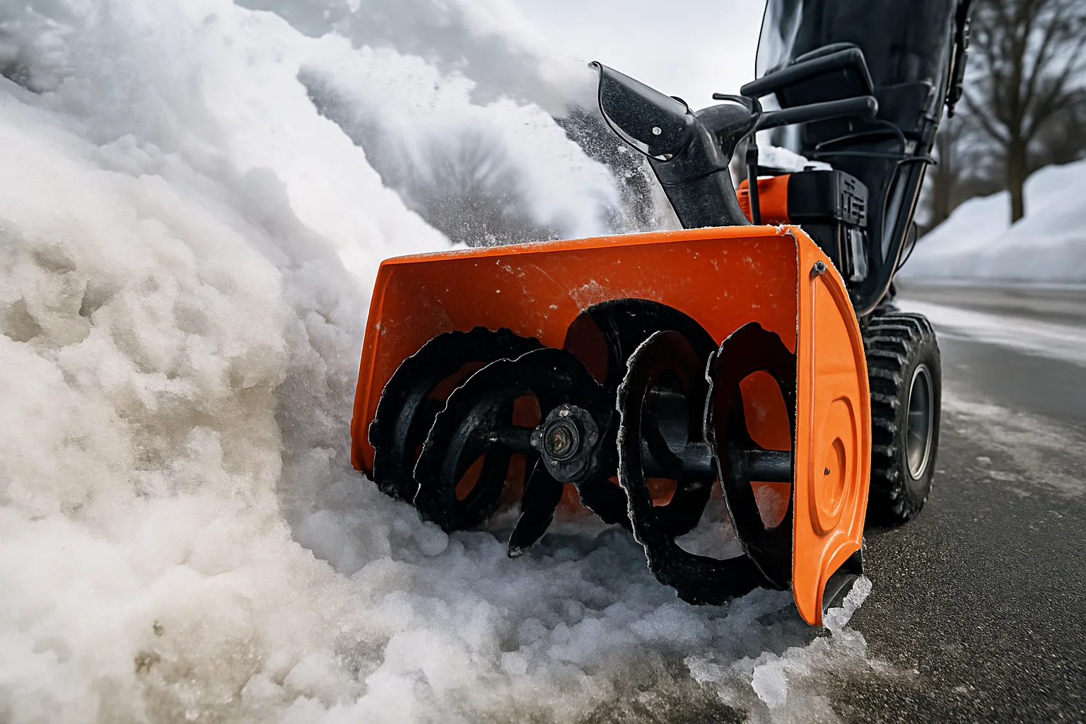 Unbranded two-stage snow blower chewing through a dense plow ridge at the end of a residential driveway