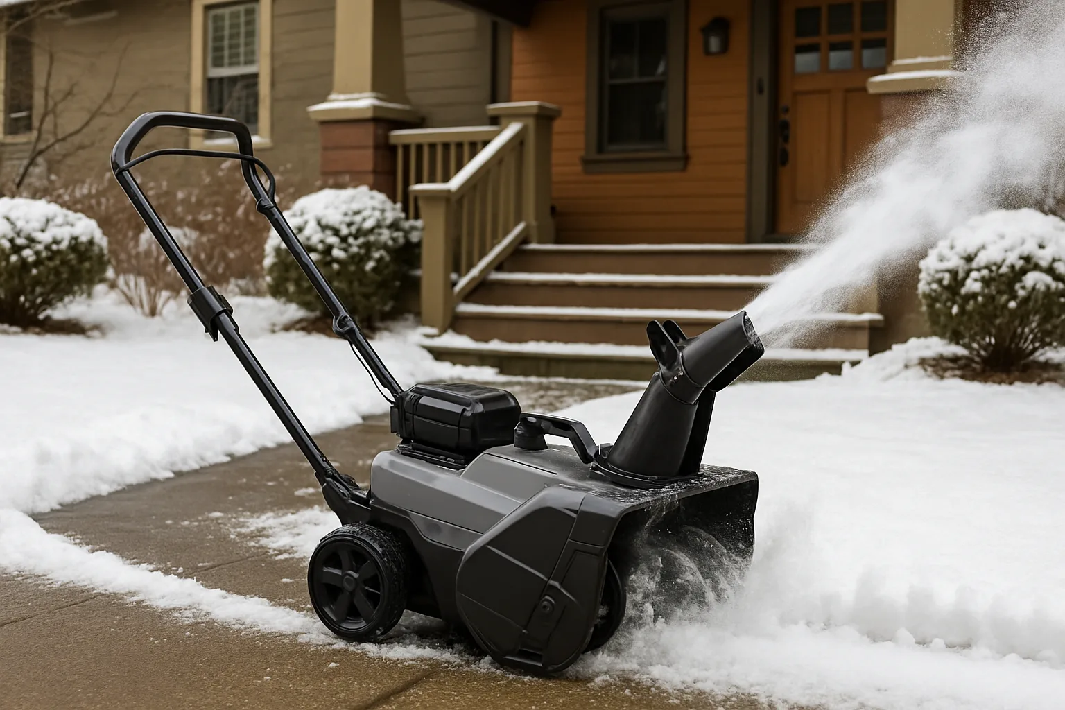 Compact cordless snow blower clearing a paved front walkway after a light snowfall, battery slot visible on the housing