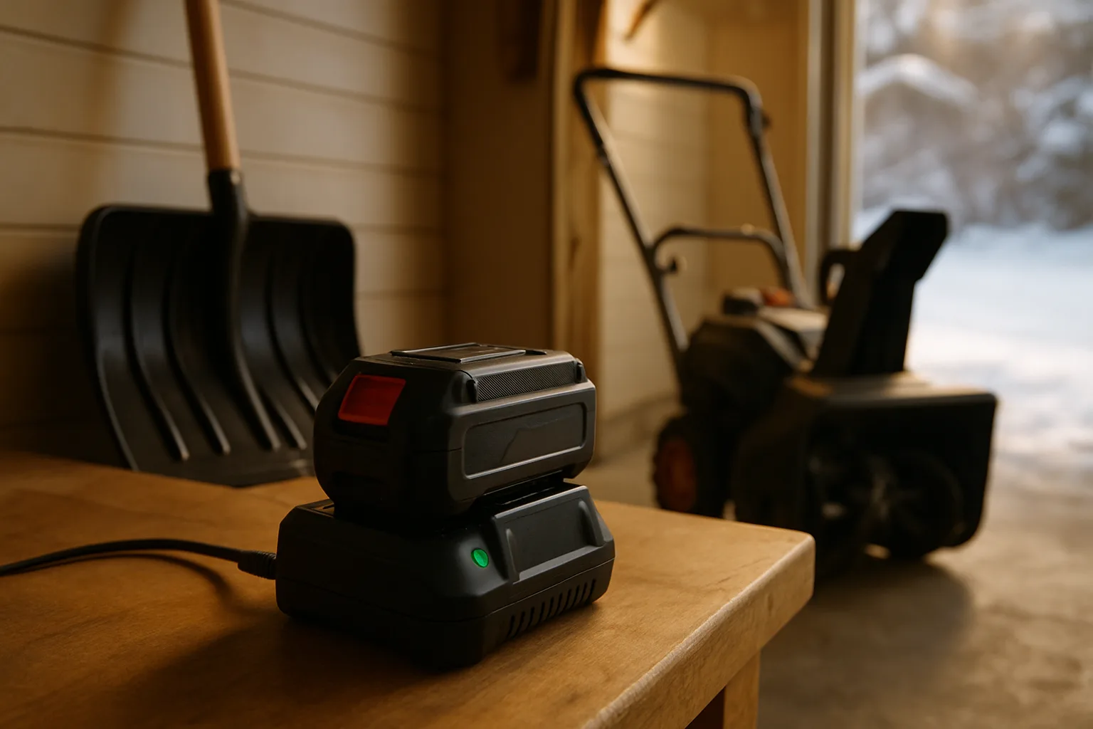 Lithium-ion tool battery charging on a workbench in a tidy garage, with a snow shovel and an unbranded snow blower in the background