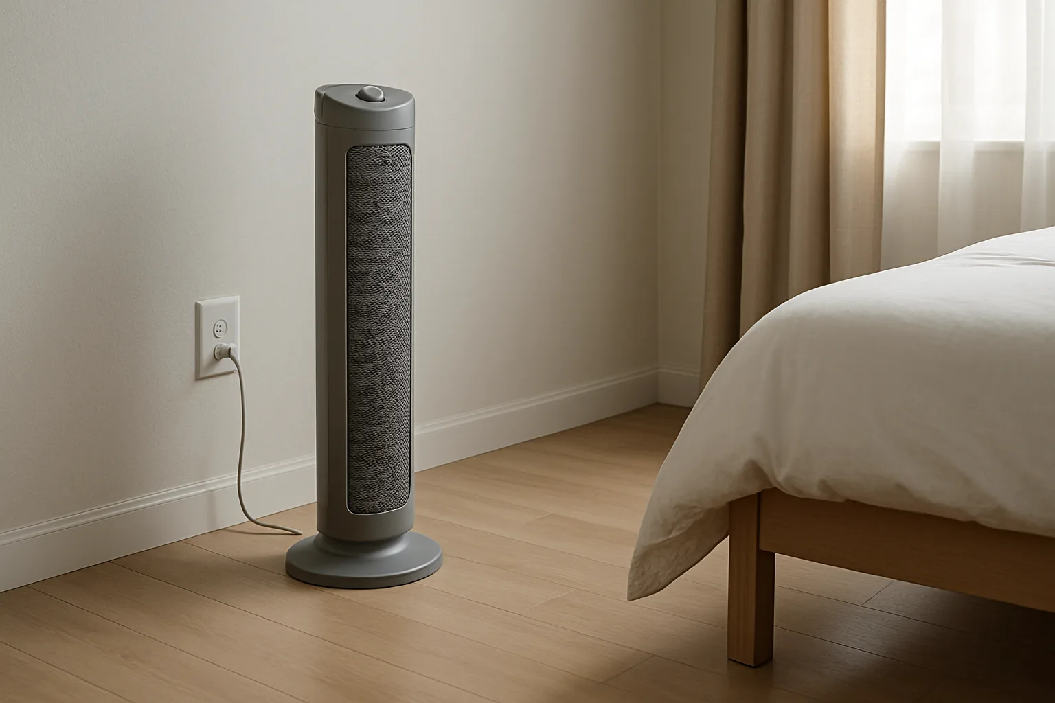 Slim gray tower space heater plugged directly into a bedroom wall outlet with clear space around it