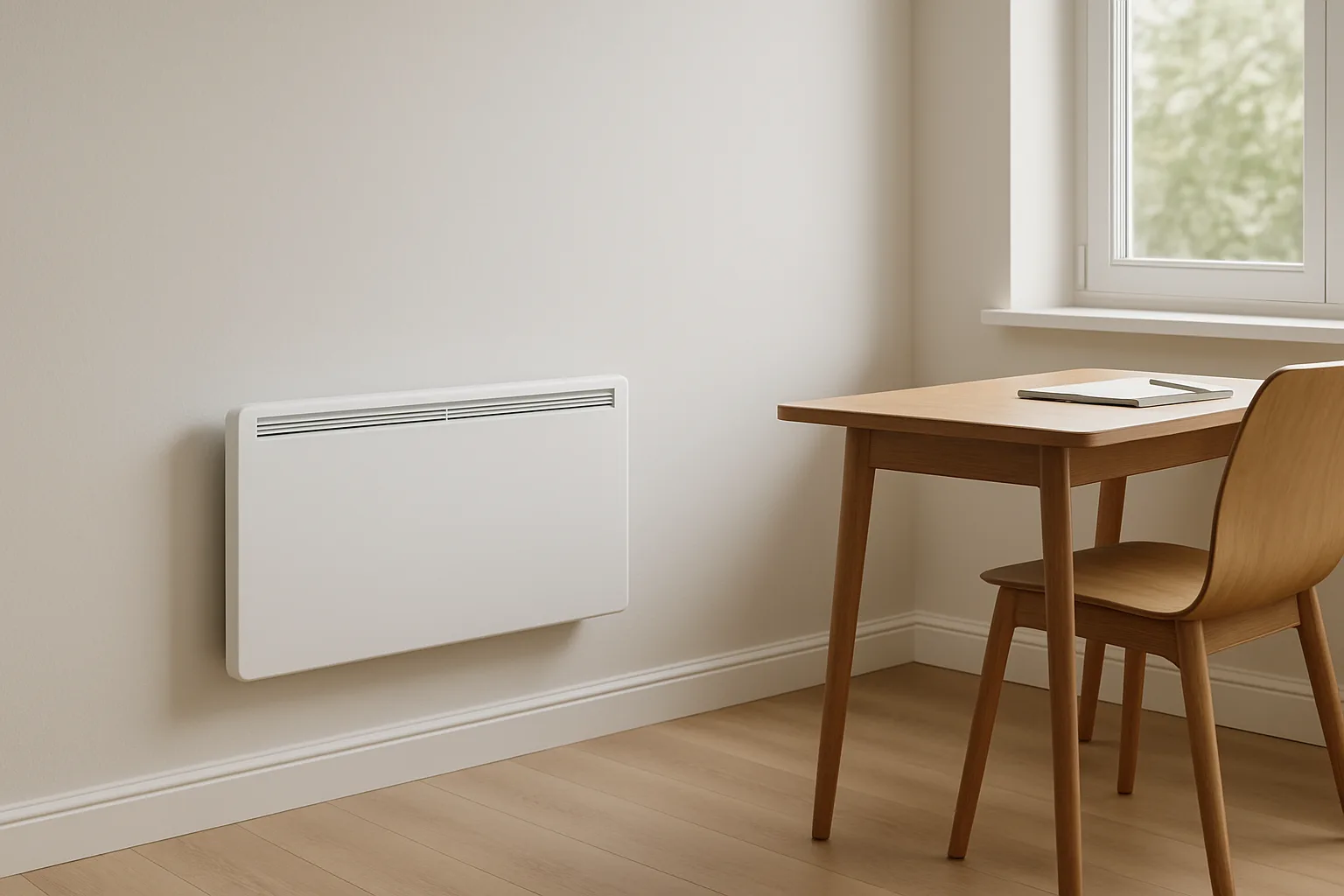 Plain white wall-mounted electric heater installed low on a home office wall