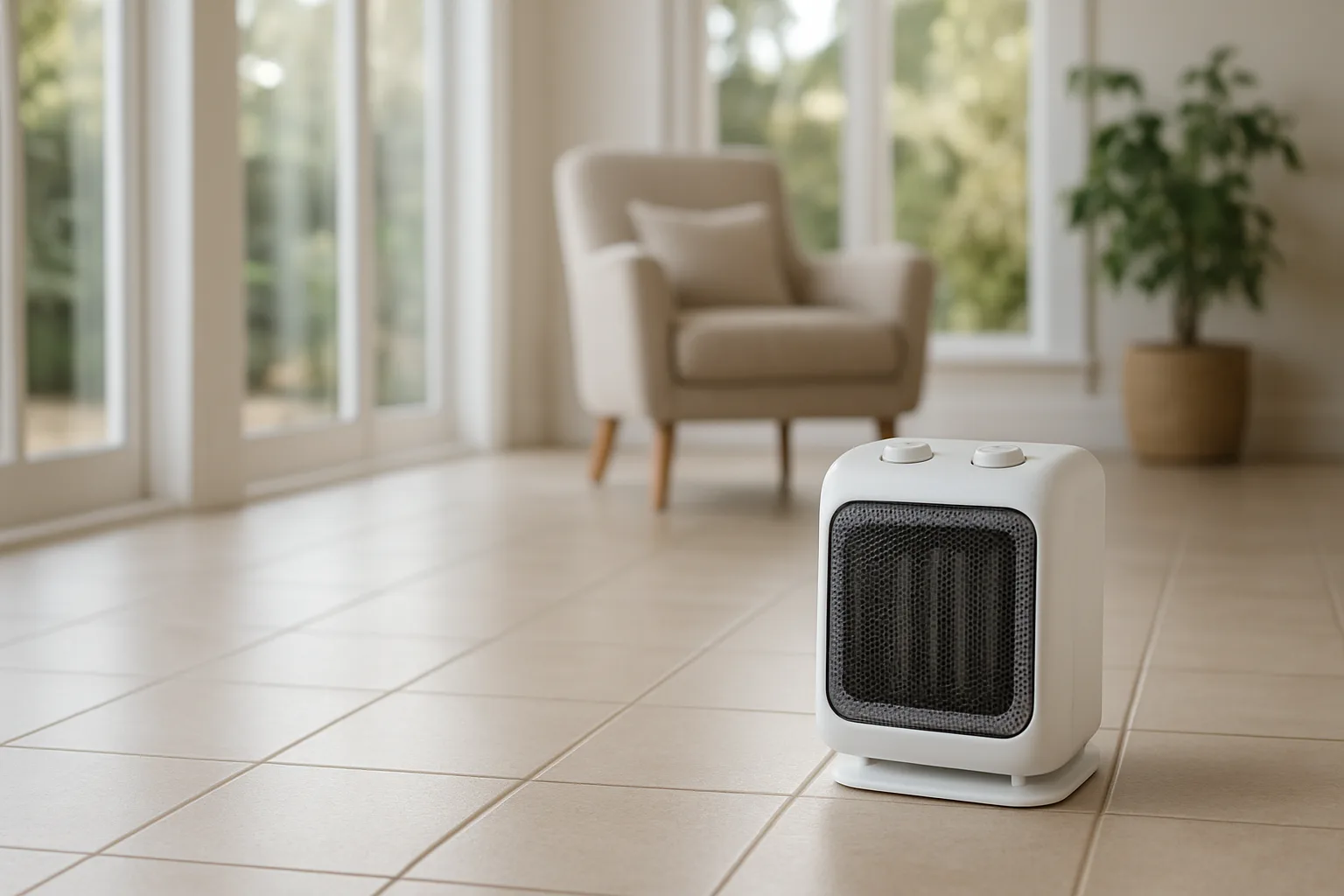 Compact white ceramic space heater on a tiled sunroom floor with open space around it
