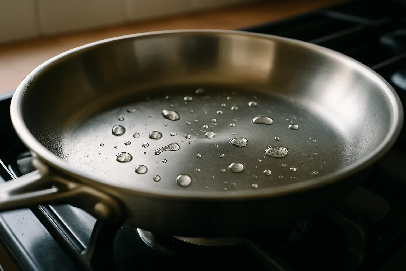 Water droplets beading on the surface of a hot stainless steel frying pan on a stovetop