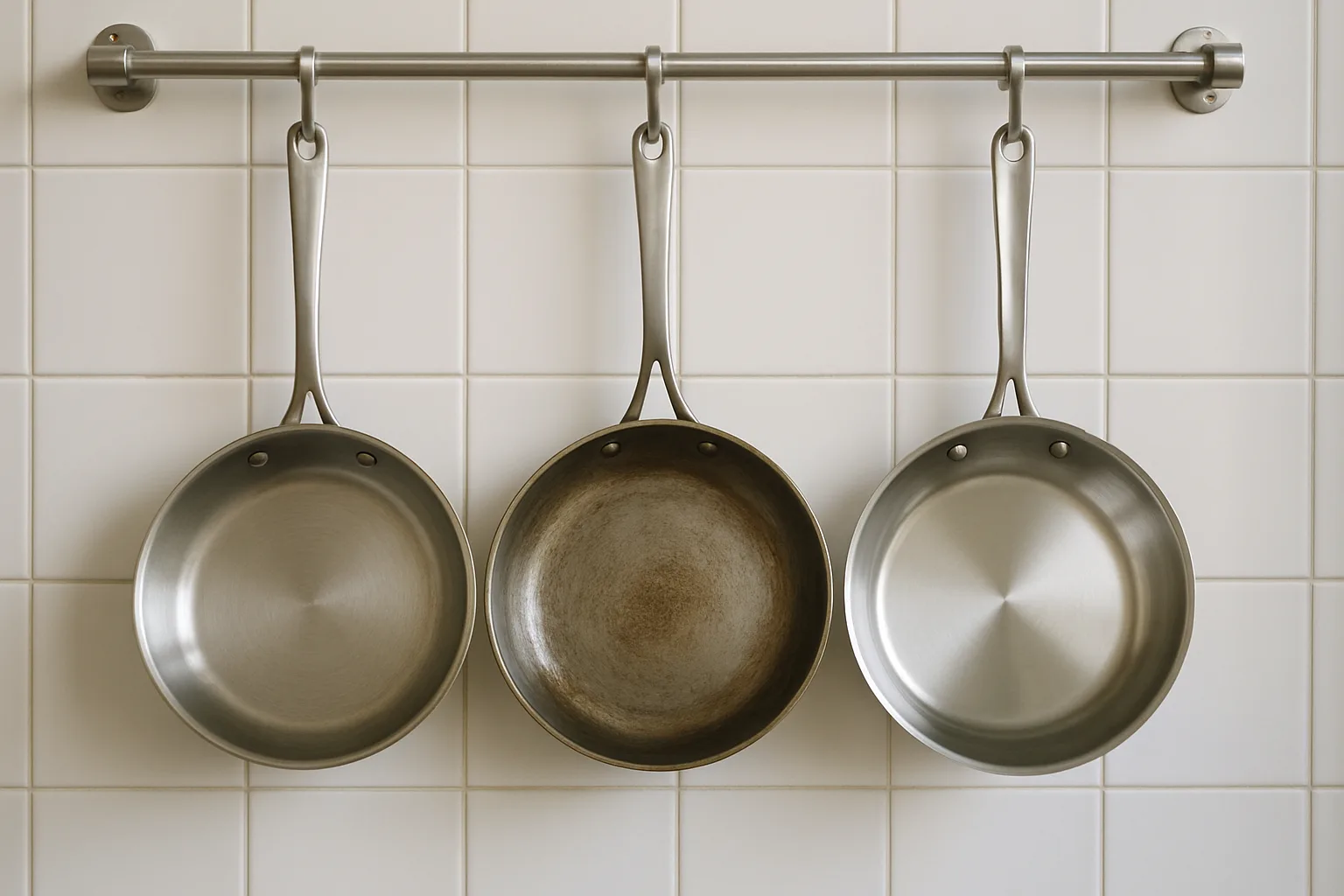 Three stainless steel frying pans hanging from a rail on a white tiled kitchen wall