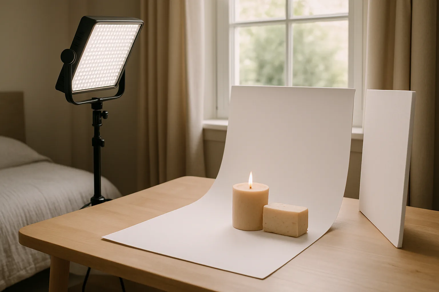 A small product photography setup with a paper sweep, LED panel and white foam board reflector