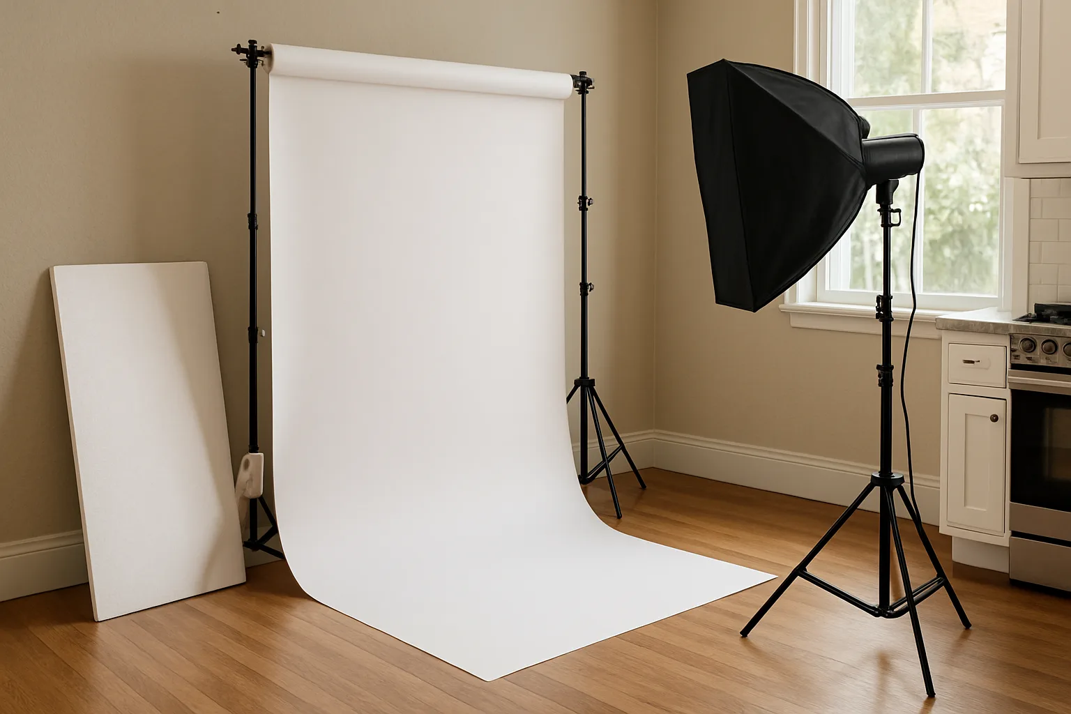 A white backdrop roll on a support stand with a foam board and softbox in a home studio corner