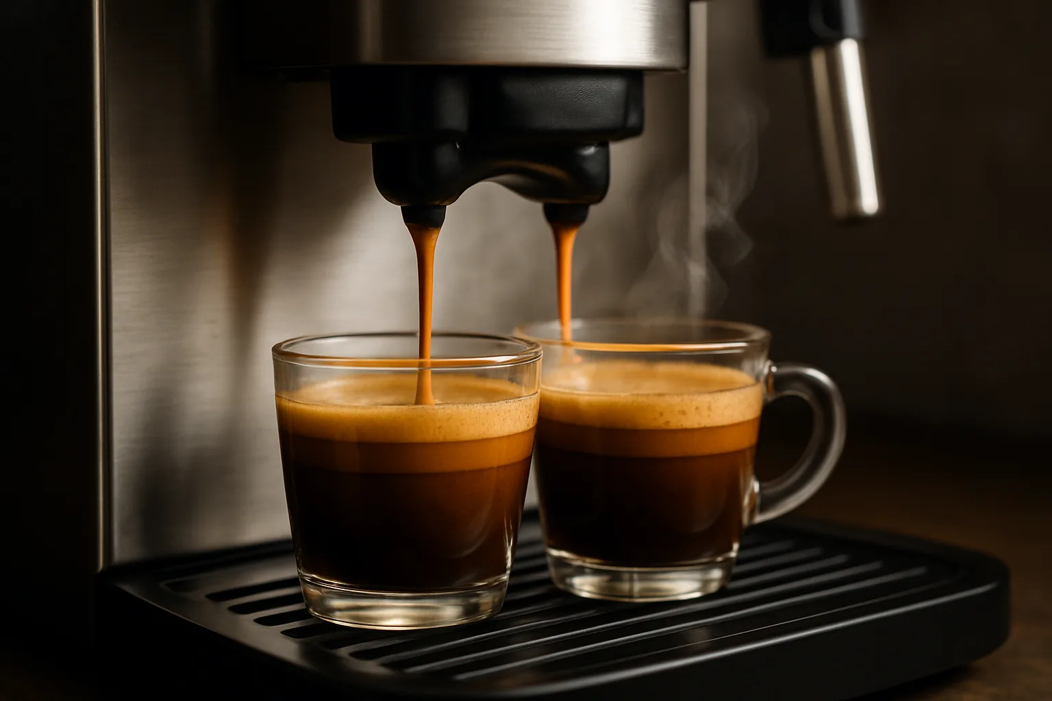 Espresso machine pouring two shots with golden crema into small glass cups