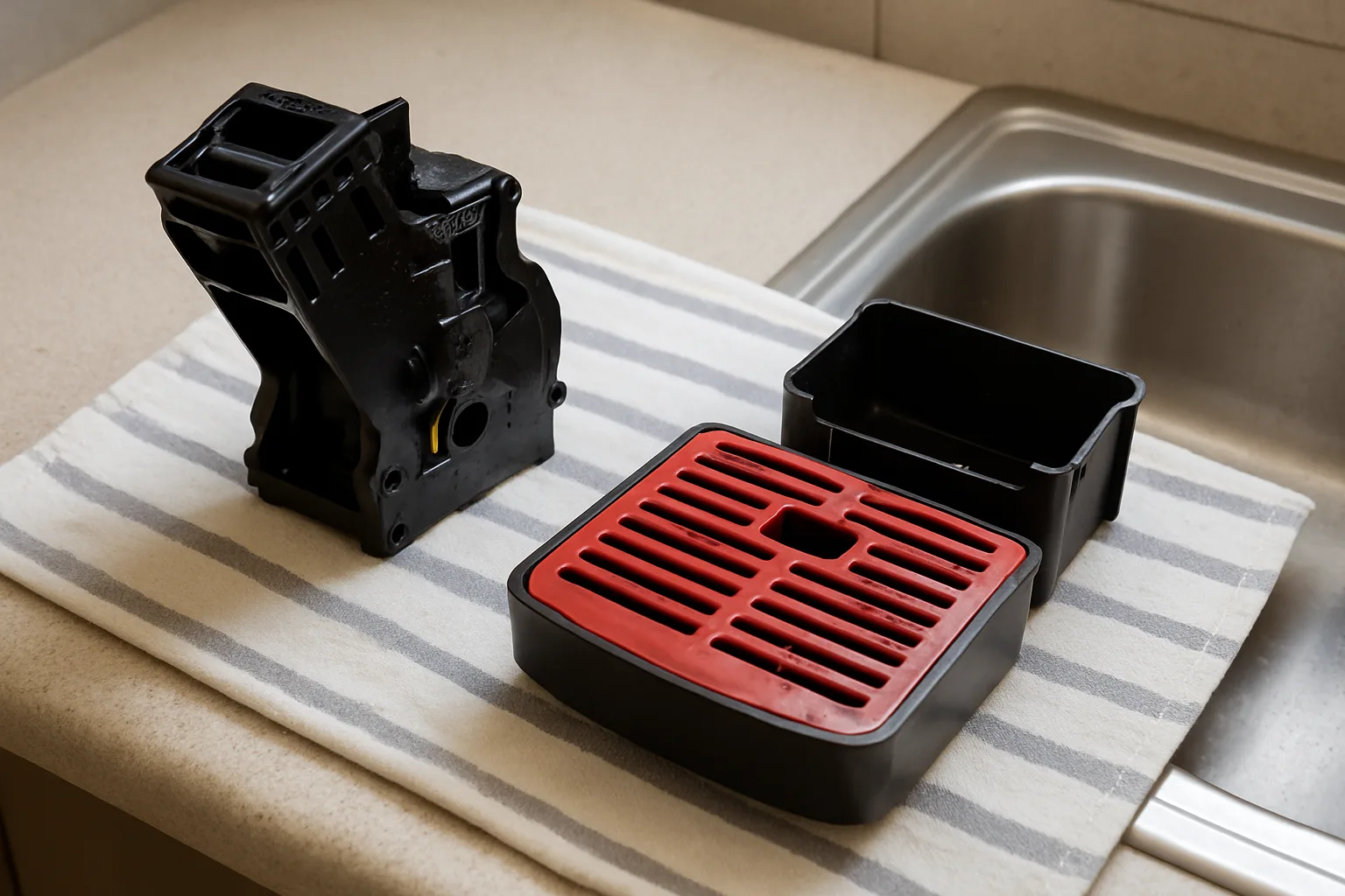 Removable brew group and drip tray from a fully automatic espresso machine drying on a towel by the sink