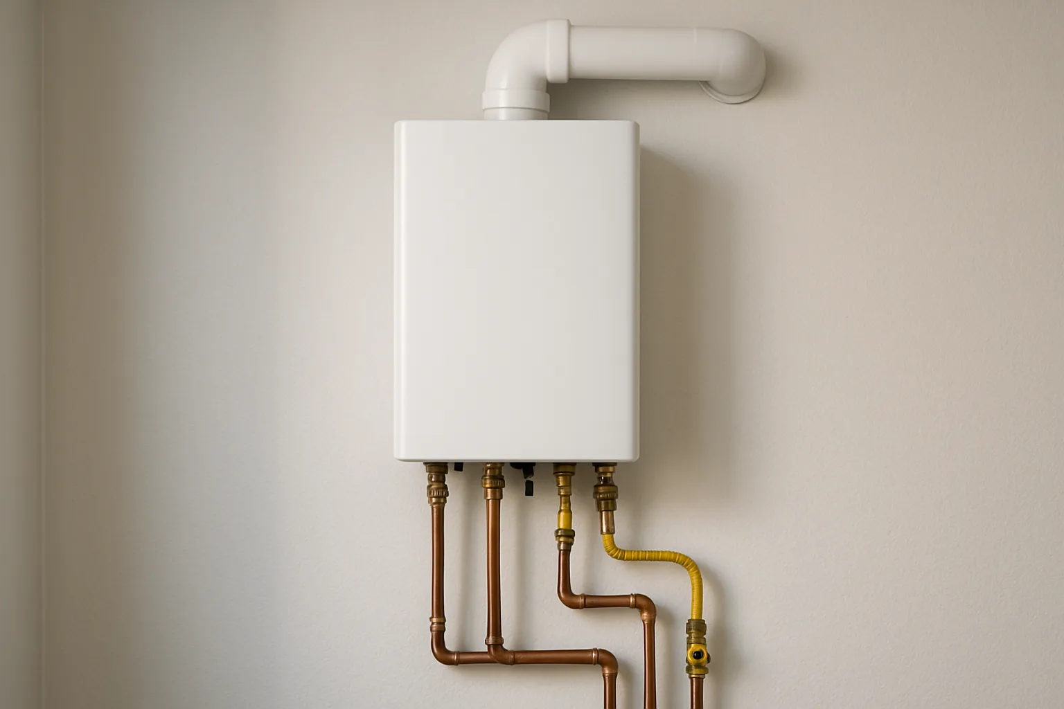 A compact white wall-mounted tankless water heater with copper water lines, a yellow gas line and a white PVC vent pipe