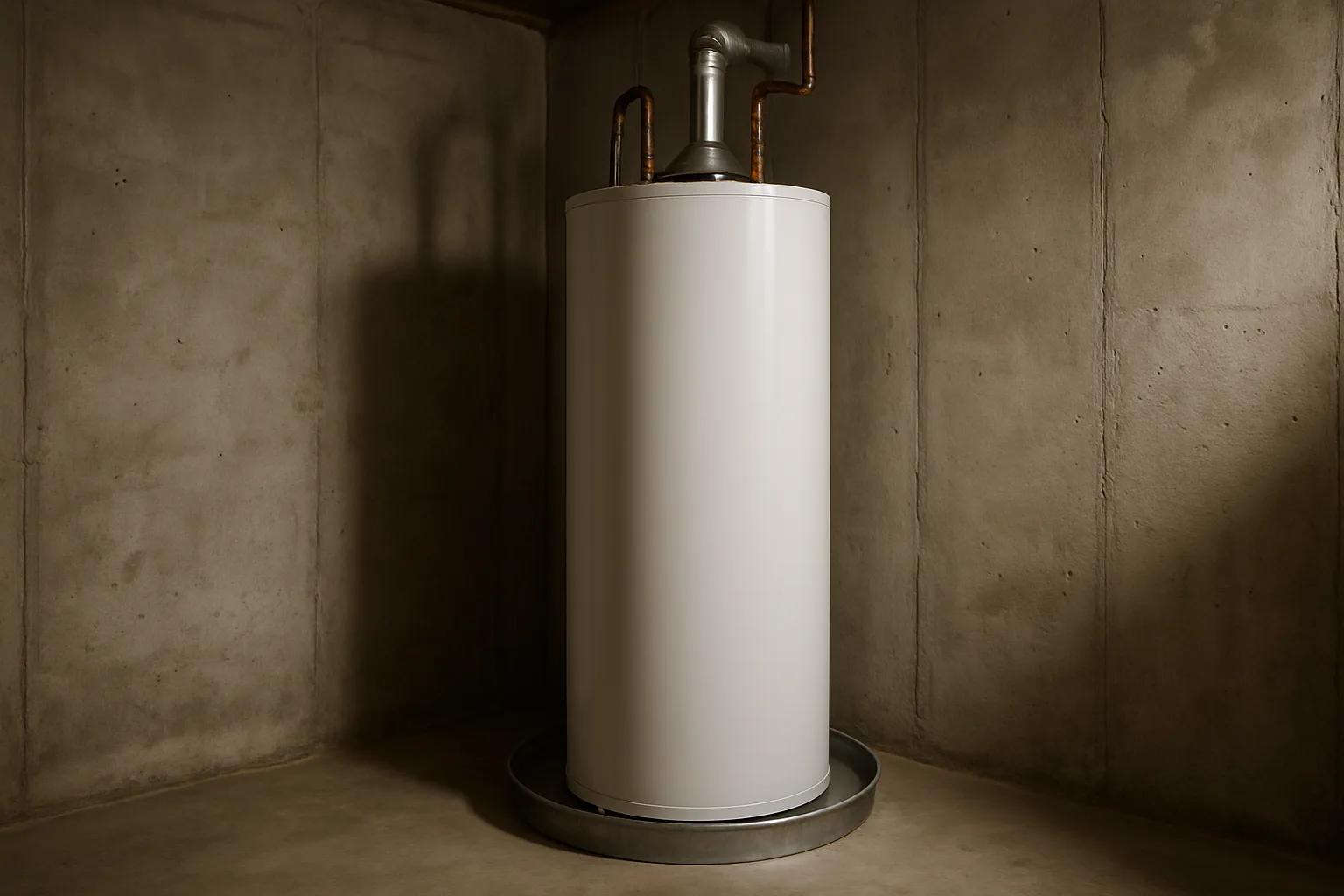 A white residential storage tank water heater with copper pipes and a metal drain pan in a basement corner