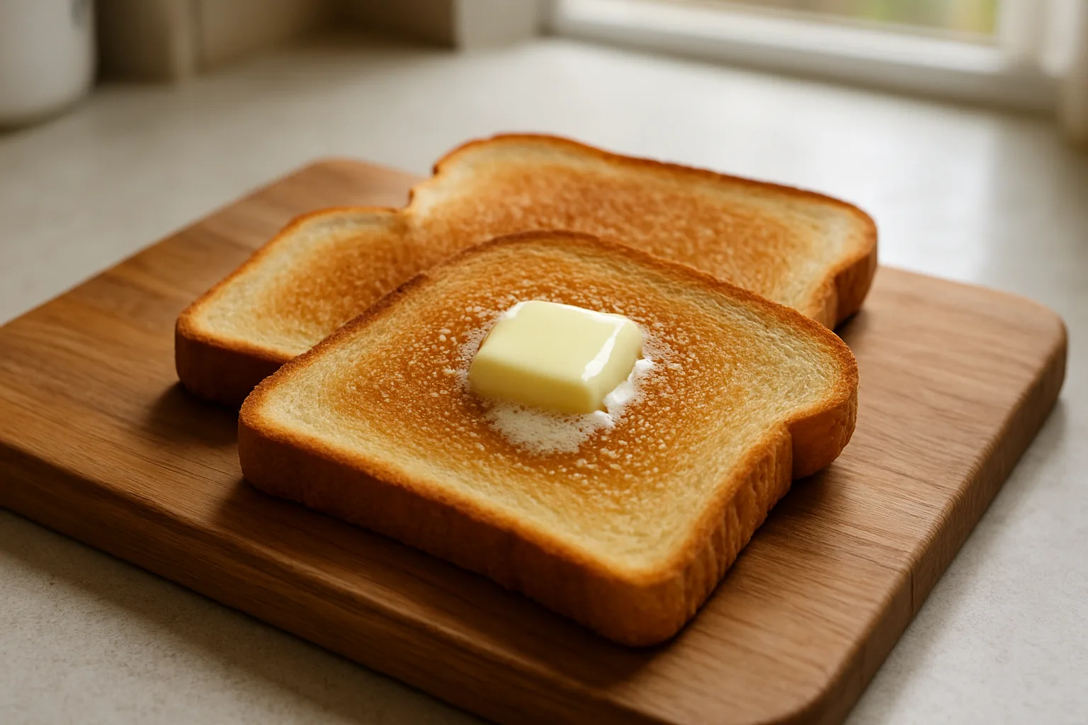 Two slices of evenly browned toast on a wooden board with butter