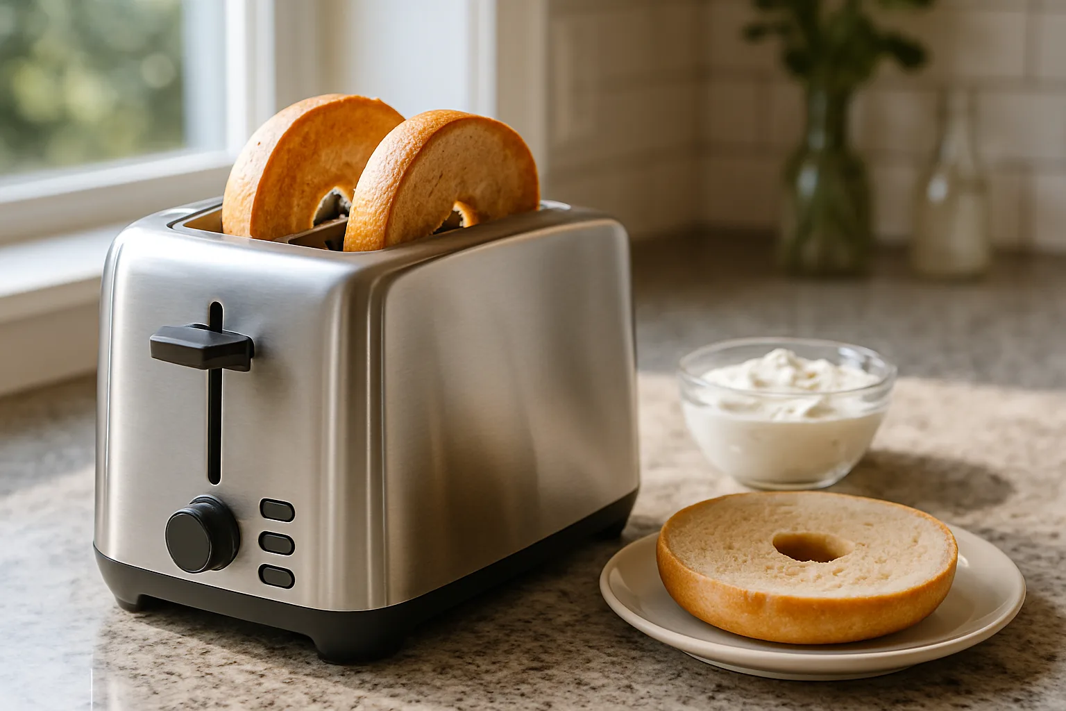 A halved bagel in the wide slots of a stainless two-slice toaster
