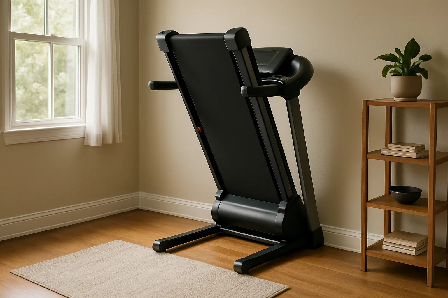 A treadmill folded upright with its deck raised against a spare bedroom wall