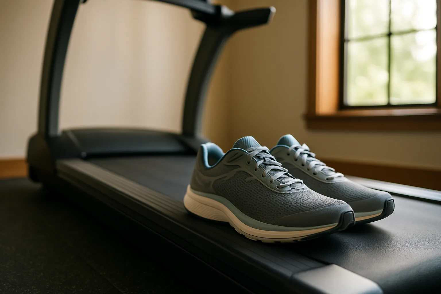 Running shoes resting on a treadmill belt in a home gym