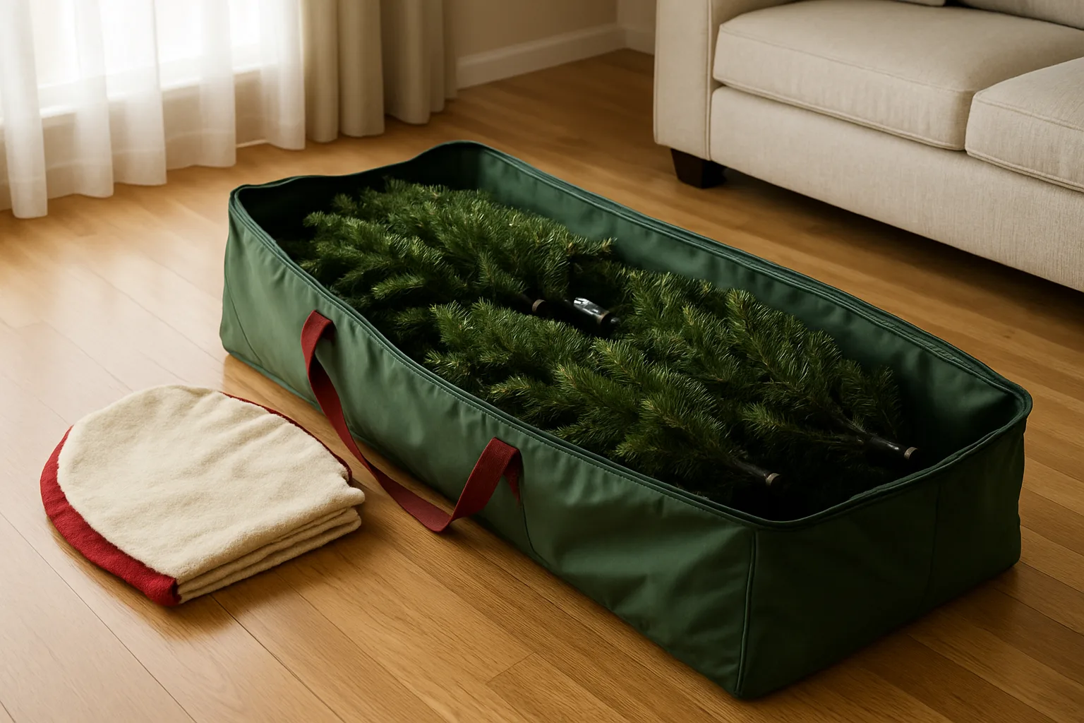 Open green canvas Christmas tree storage bag on a living room floor with artificial tree sections inside and a folded tree skirt beside it