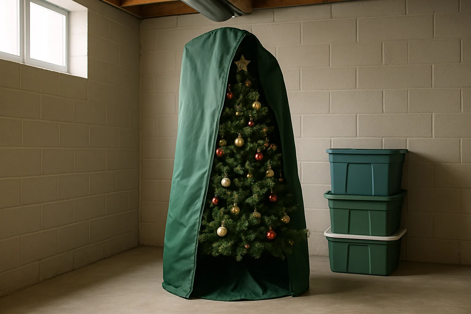 Decorated artificial Christmas tree in a basement corner covered by a tall green upright storage cover with a side zipper