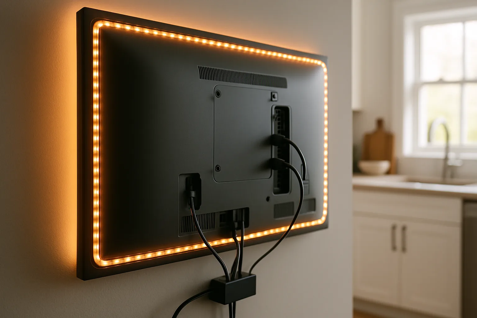 An LED light strip around the back edge of a wall-mounted TV with a small HDMI box below