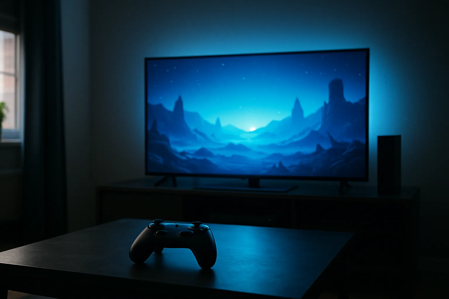 A TV showing a blue game scene with matching blue backlight on the wall and a controller on the table