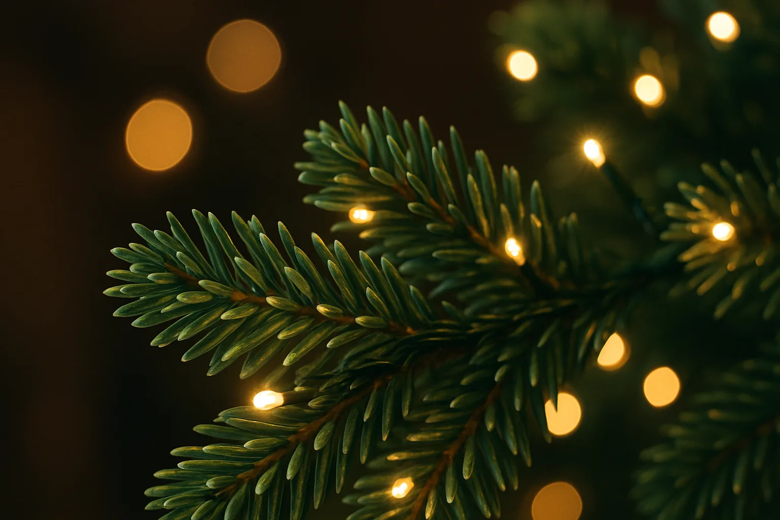 Close-up of tiny warm white micro LED lights wound along the needles of an artificial fir branch