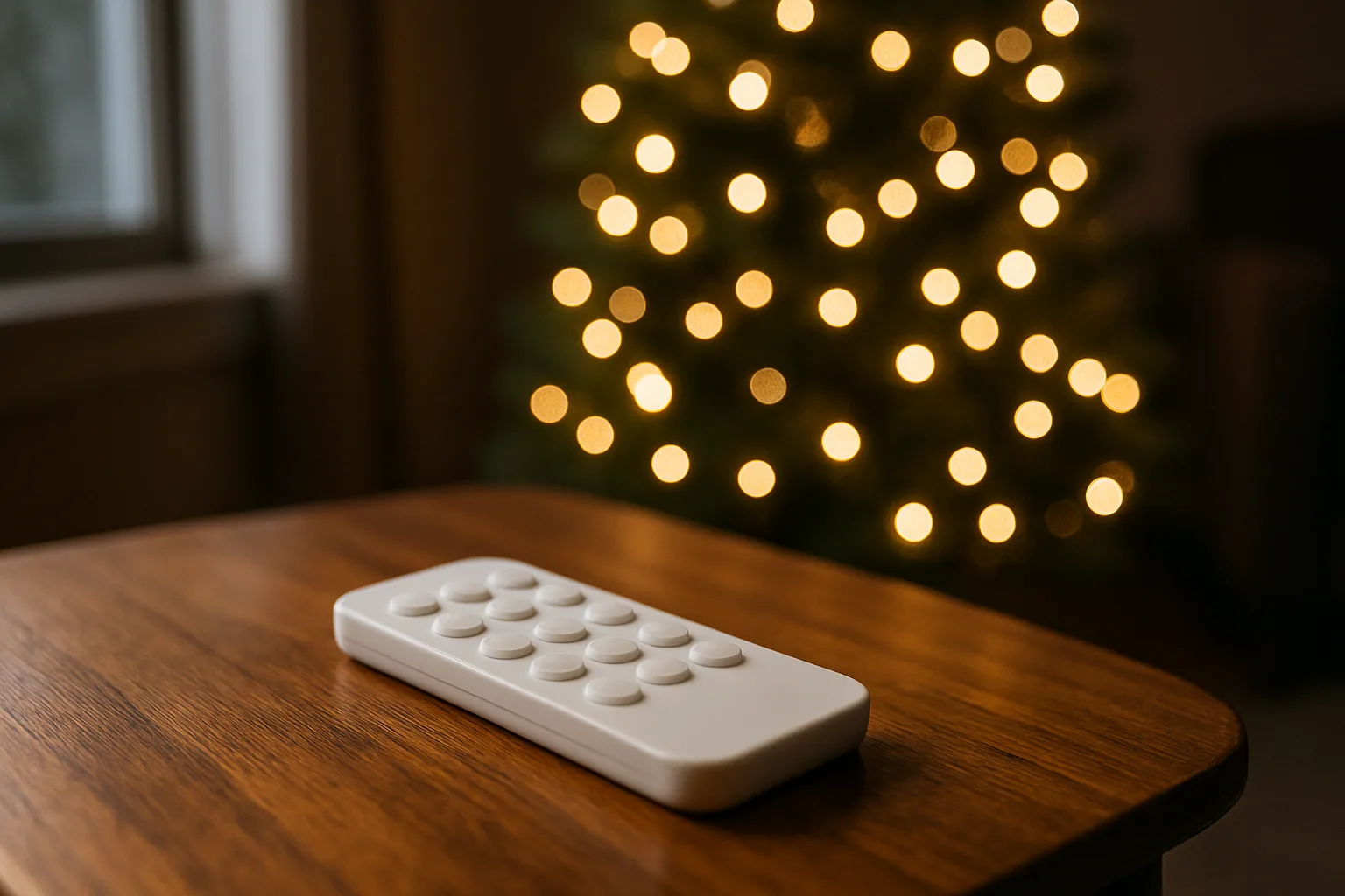 Small handheld remote control for a pre-lit Christmas tree resting on a side table, with a softly glowing tree behind