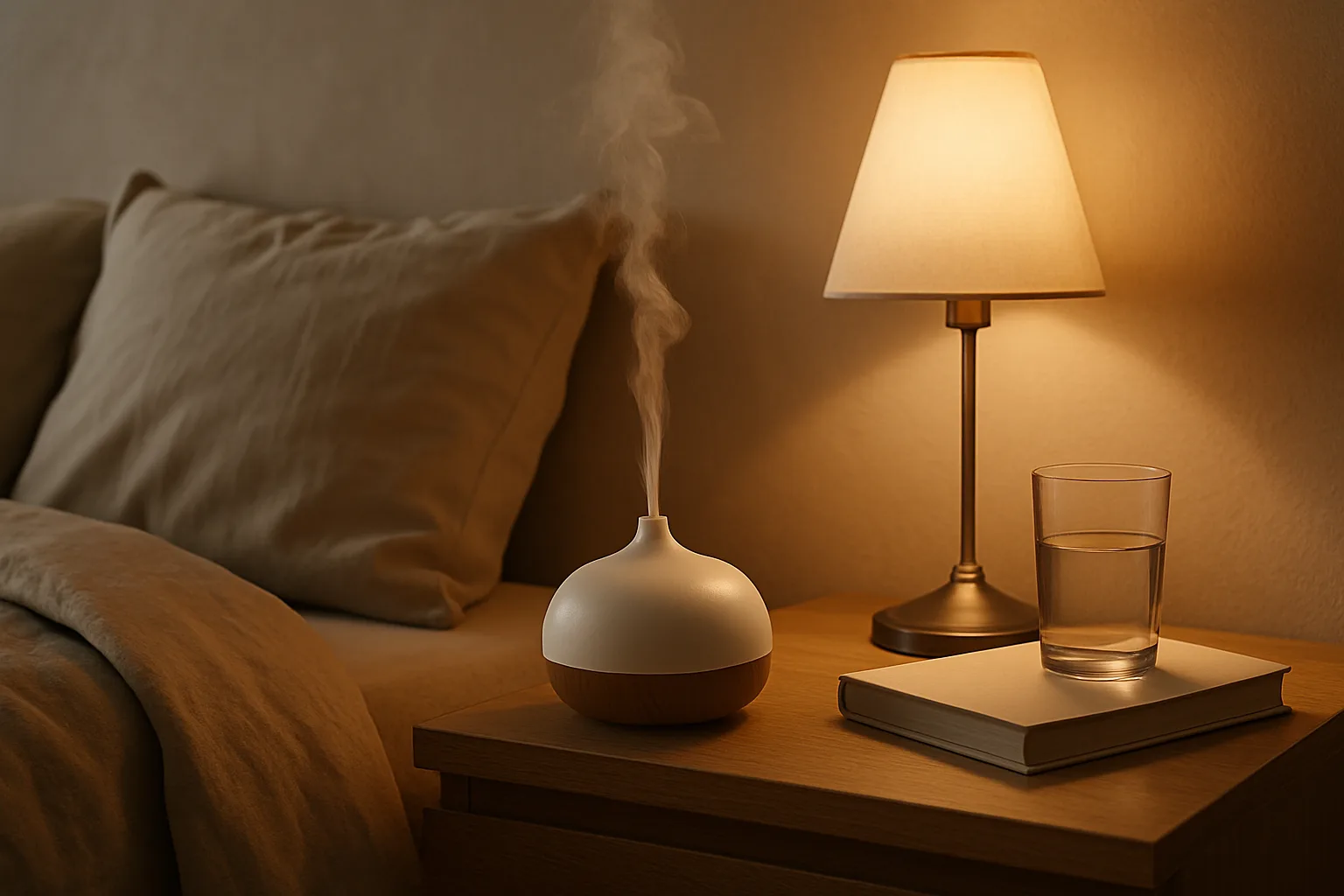 Small round ultrasonic diffuser releasing a thin plume of mist on a wooden nightstand next to a lit bedside lamp