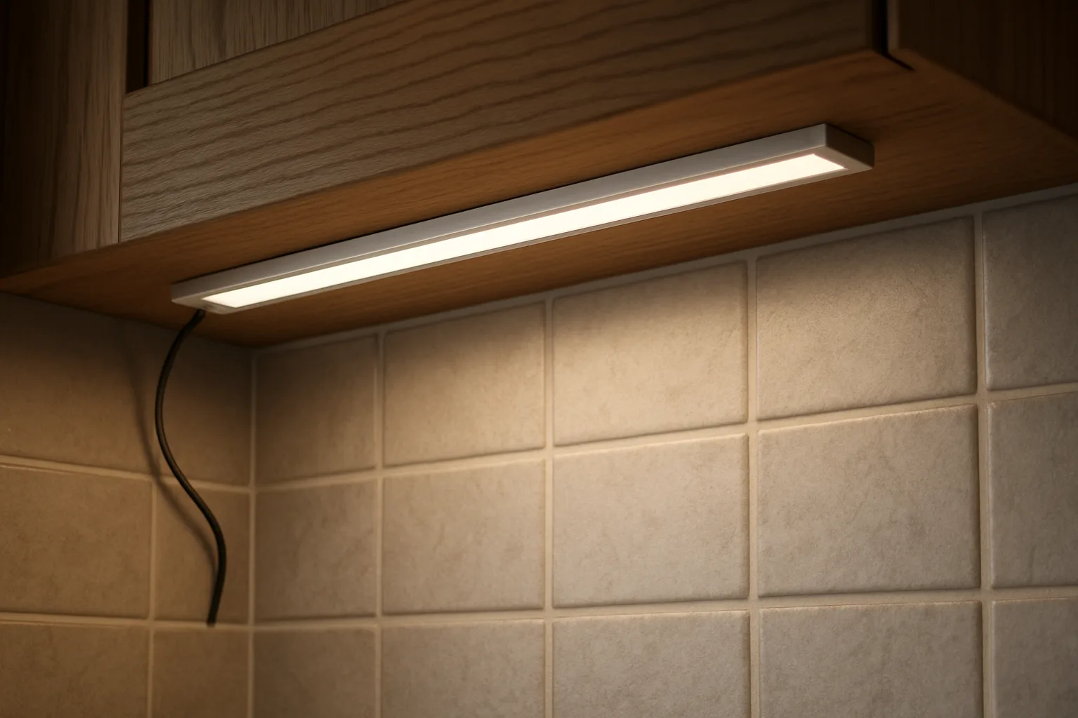 Underside of a wood kitchen wall cabinet with a slim aluminum LED channel and frosted diffuser lighting a tile backsplash