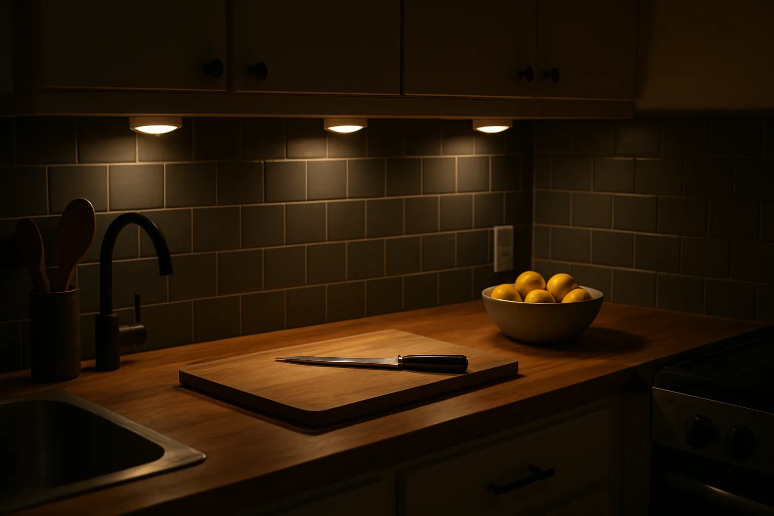 Small kitchen with round battery LED puck lights under the upper cabinets casting pools of light on a butcher block counter