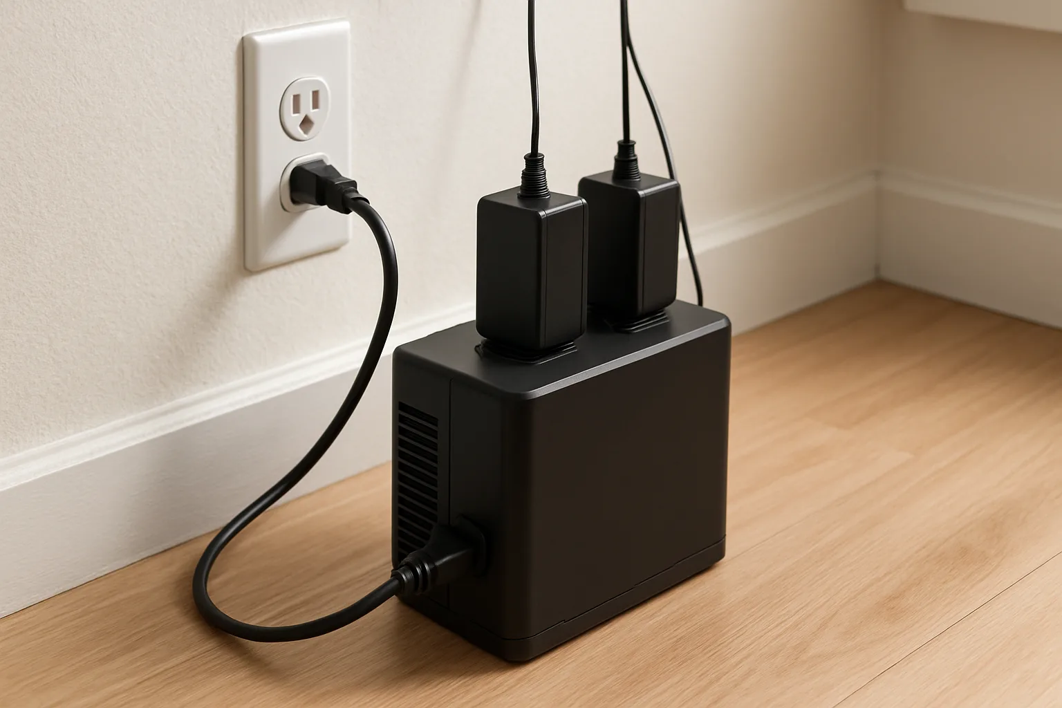 A compact black battery backup unit on a wood floor with two power adapters plugged into its outlets