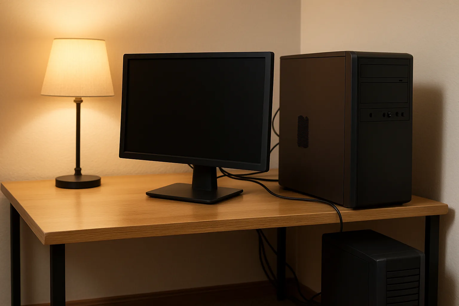 A desktop computer and monitor on a desk with a tower-style battery backup unit on the floor beside it