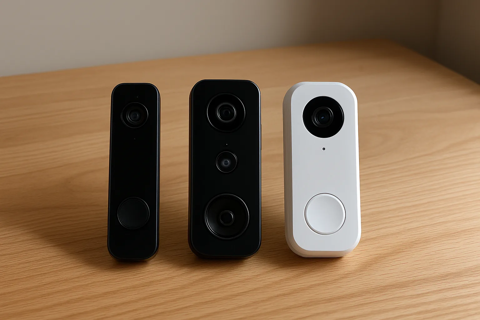 Three plain unbranded video doorbells of different shapes lying side by side on a light oak table
