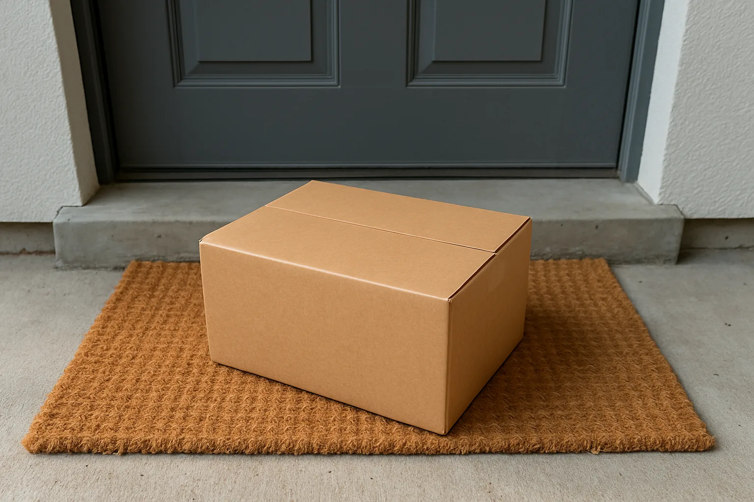 A plain cardboard package sitting on a woven doormat beside a concrete step, seen from above like a doorbell camera view