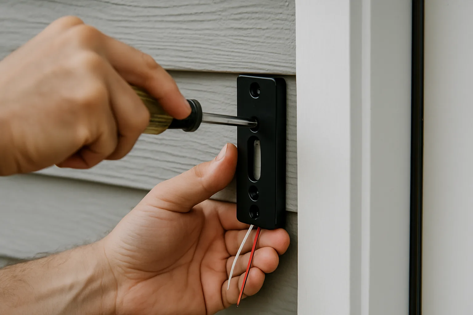 Hands using a screwdriver to attach a doorbell mounting bracket to exterior siding with two low-voltage wires visible