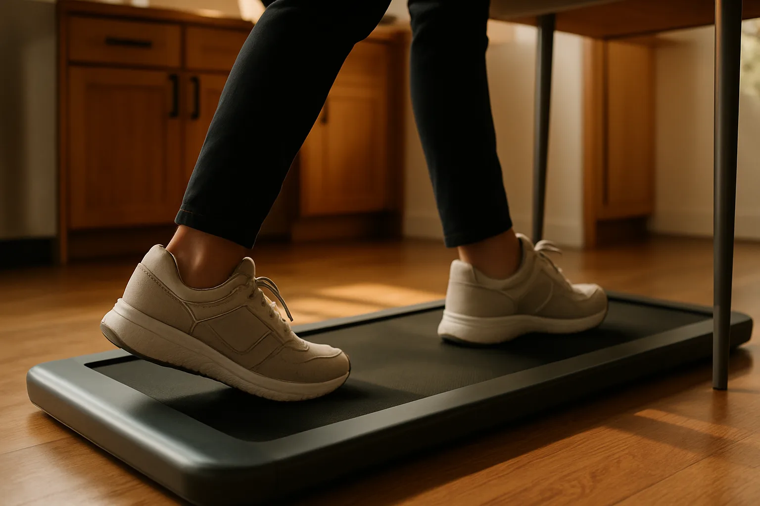 Sneakers walking on a flat walking pad under a desk