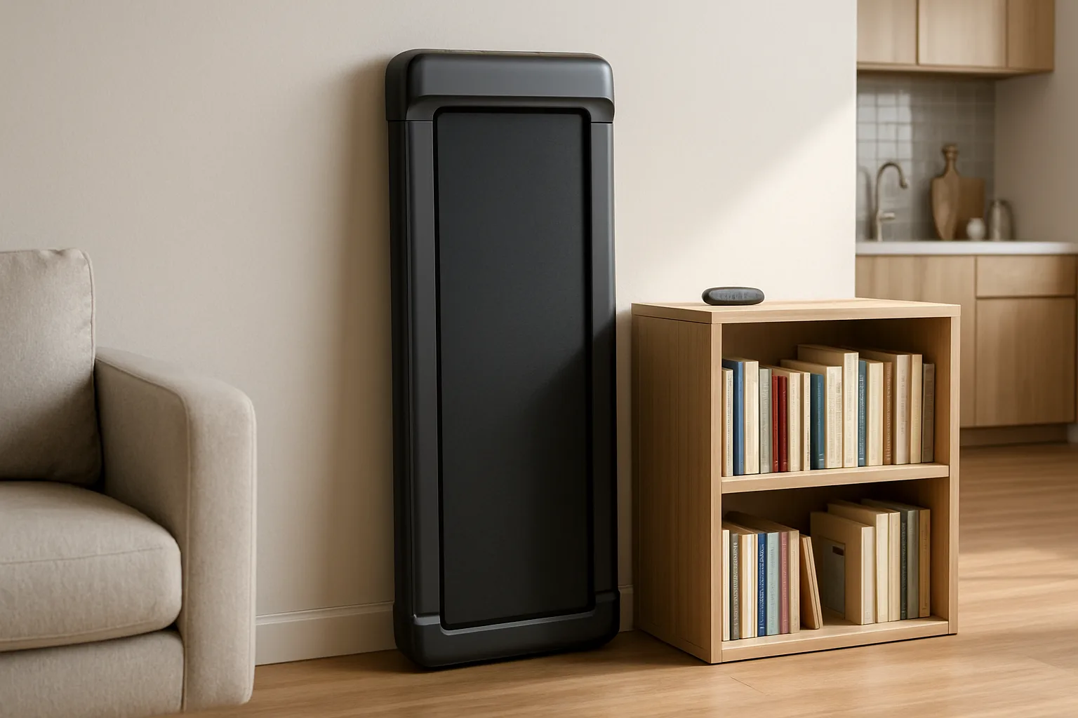 A slim walking pad stored standing upright against a wall beside a bookshelf