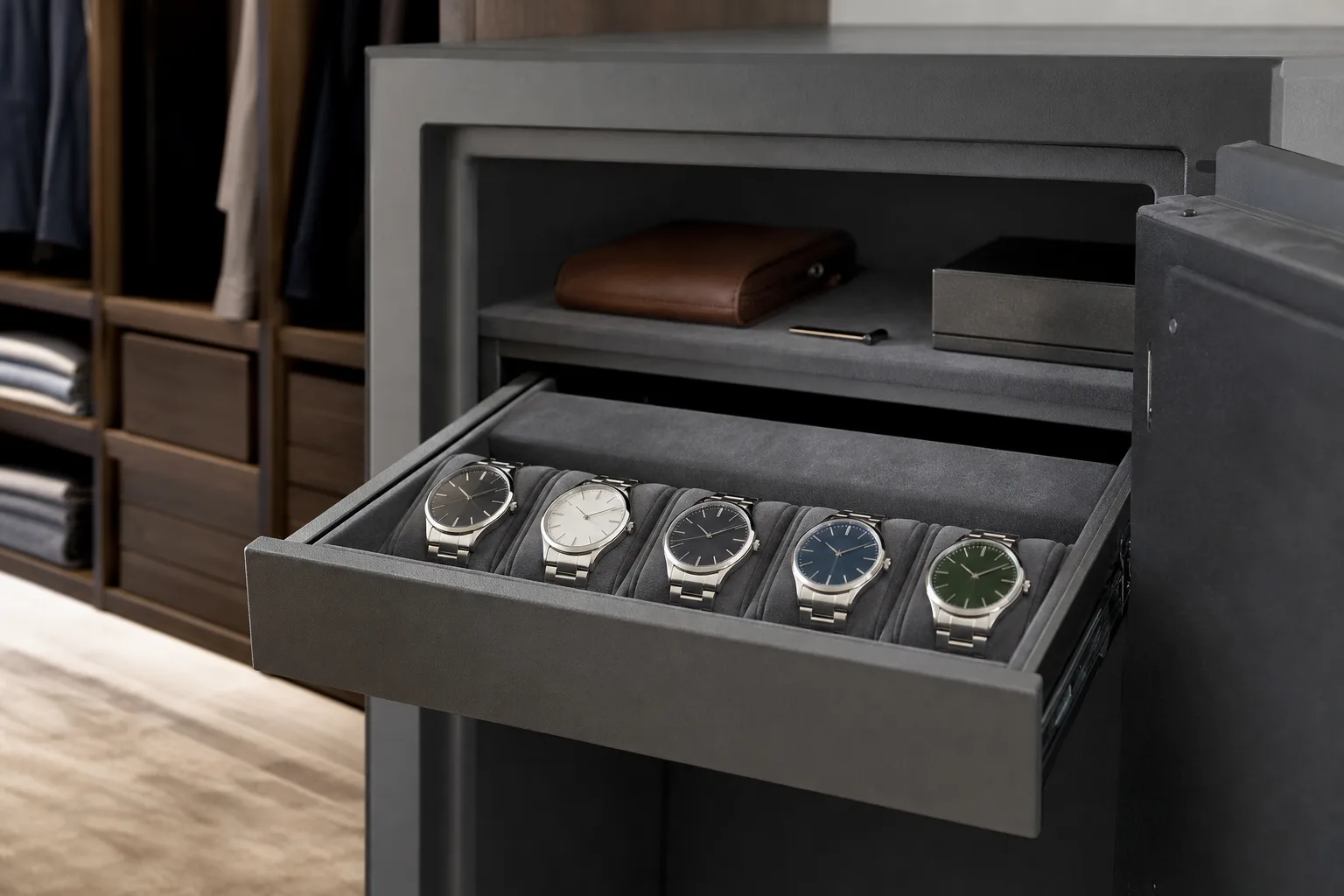 Open home safe in a walk-in closet with a velvet-lined pull-out drawer holding five automatic wristwatches