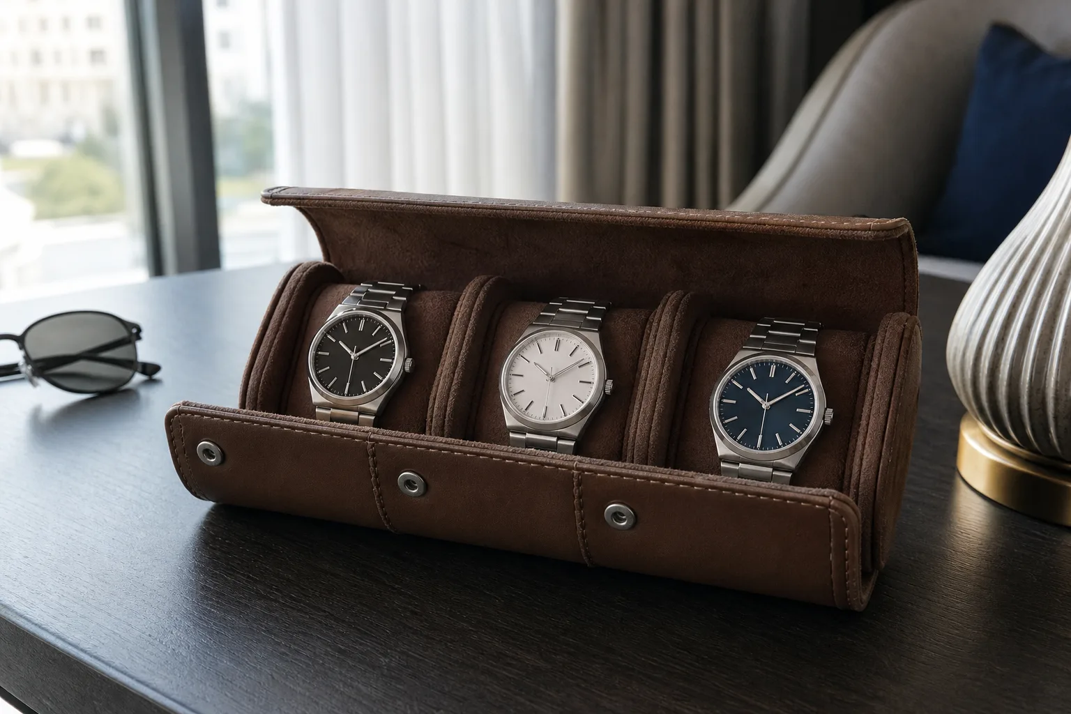 Brown leather three-watch travel roll open on a hotel desk holding three steel automatic watches beside sunglasses