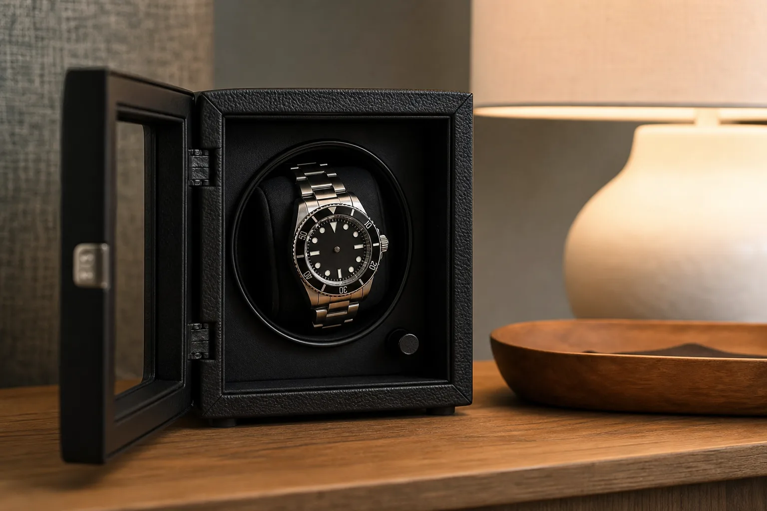 Stainless steel automatic dive watch fastened on the cushion of a black single watch winder with its glass door open on a nightstand