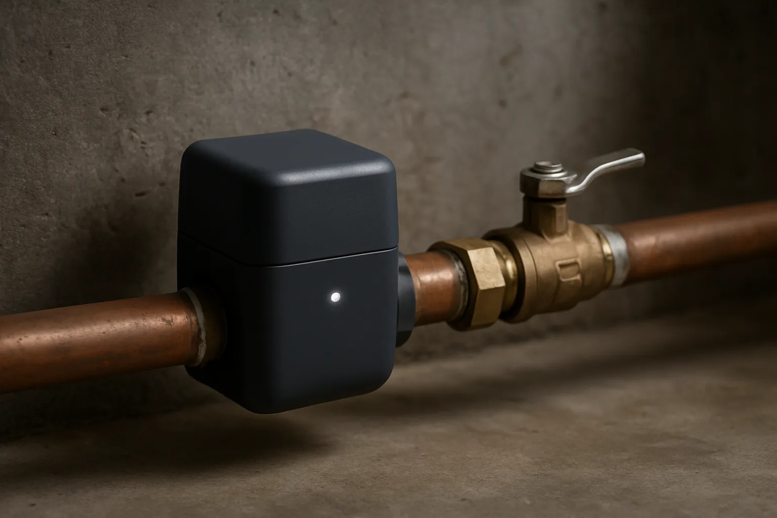 Compact smart water shutoff valve installed on a copper main water line beside a manual ball valve in a basement