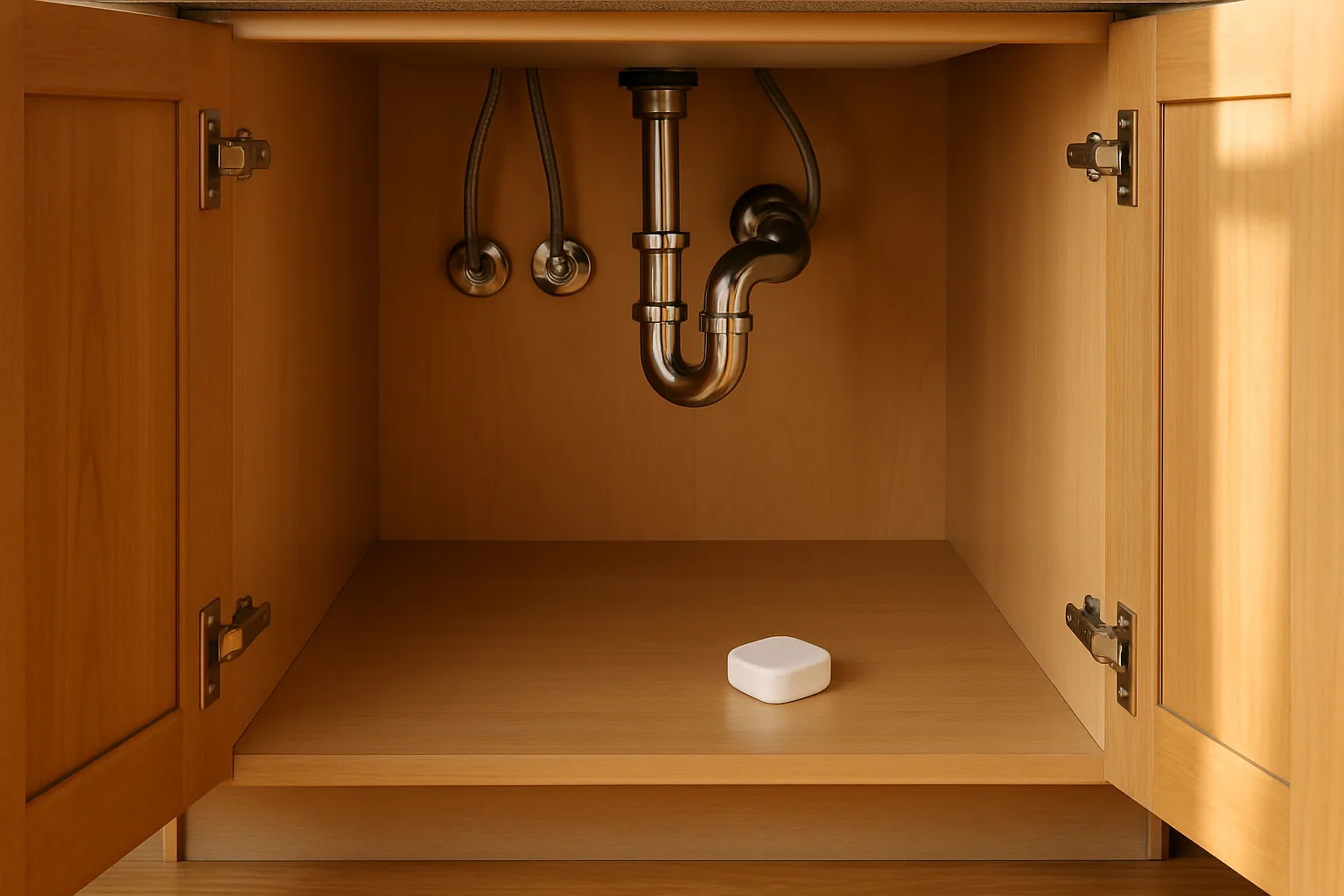 Open kitchen sink cabinet with supply lines, drain trap and a small white leak sensor on the cabinet floor