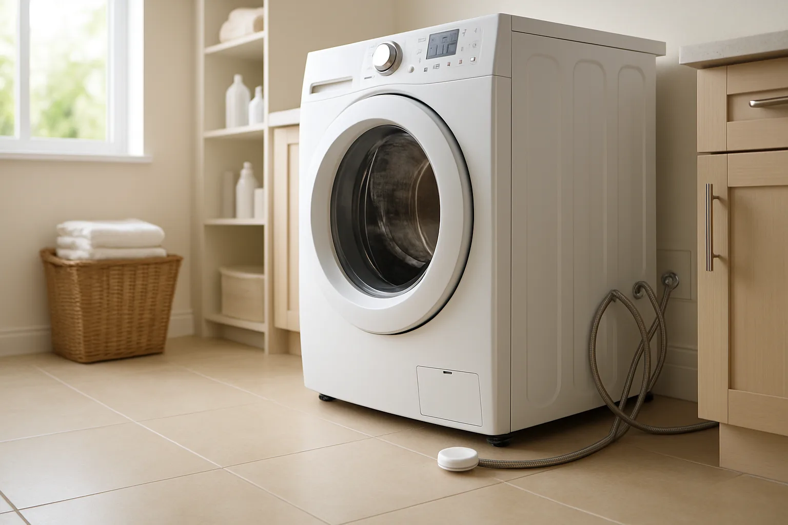 Front-load washing machine with braided supply hoses and a small leak sensor on the floor beside it